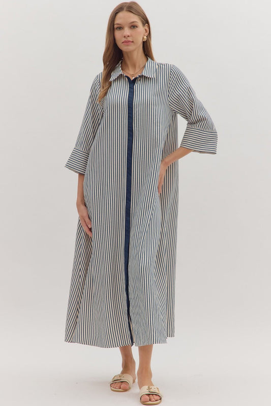 INDIGO 3/4 SLEEVE STRIPED SHIRT COLLAR MIDI DRESS