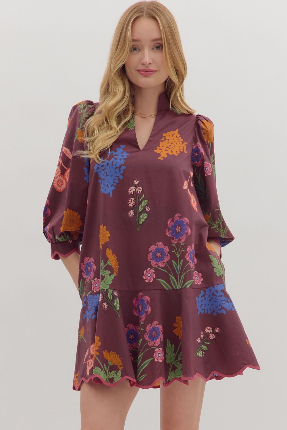 PLUM FLORAL PUFF SLEEVE V-NECK MINI DRESS