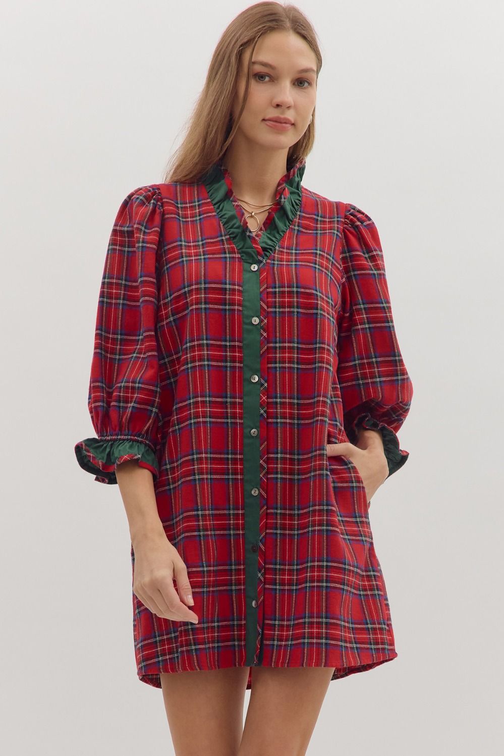 RED PLAID BUTTON UP DRESS WITH GREEN CONTRAST