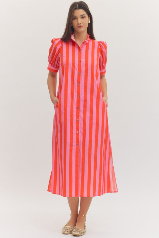 STRIPED PUFF SLEEVE BUTTON DOWN MIDI DRESS - Pharm Favorites by Economy Pharmacy