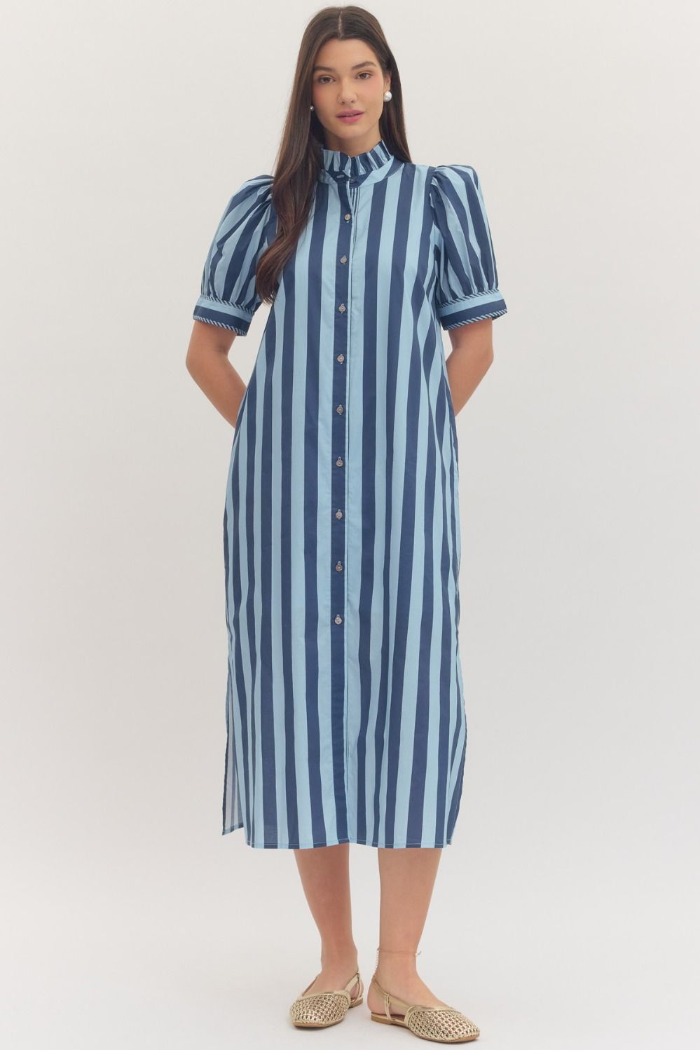STRIPED PUFF SLEEVE BUTTON DOWN MIDI DRESS - Pharm Favorites by Economy Pharmacy