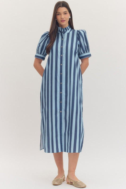 STRIPED PUFF SLEEVE BUTTON DOWN MIDI DRESS - Pharm Favorites by Economy Pharmacy