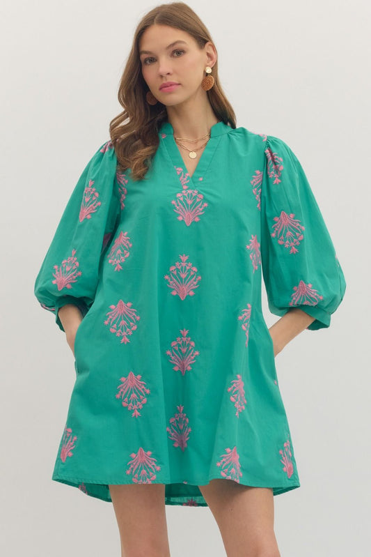 TEAL EMBROIDERED 3/4 PUFF SLEEVE MINI DRESS