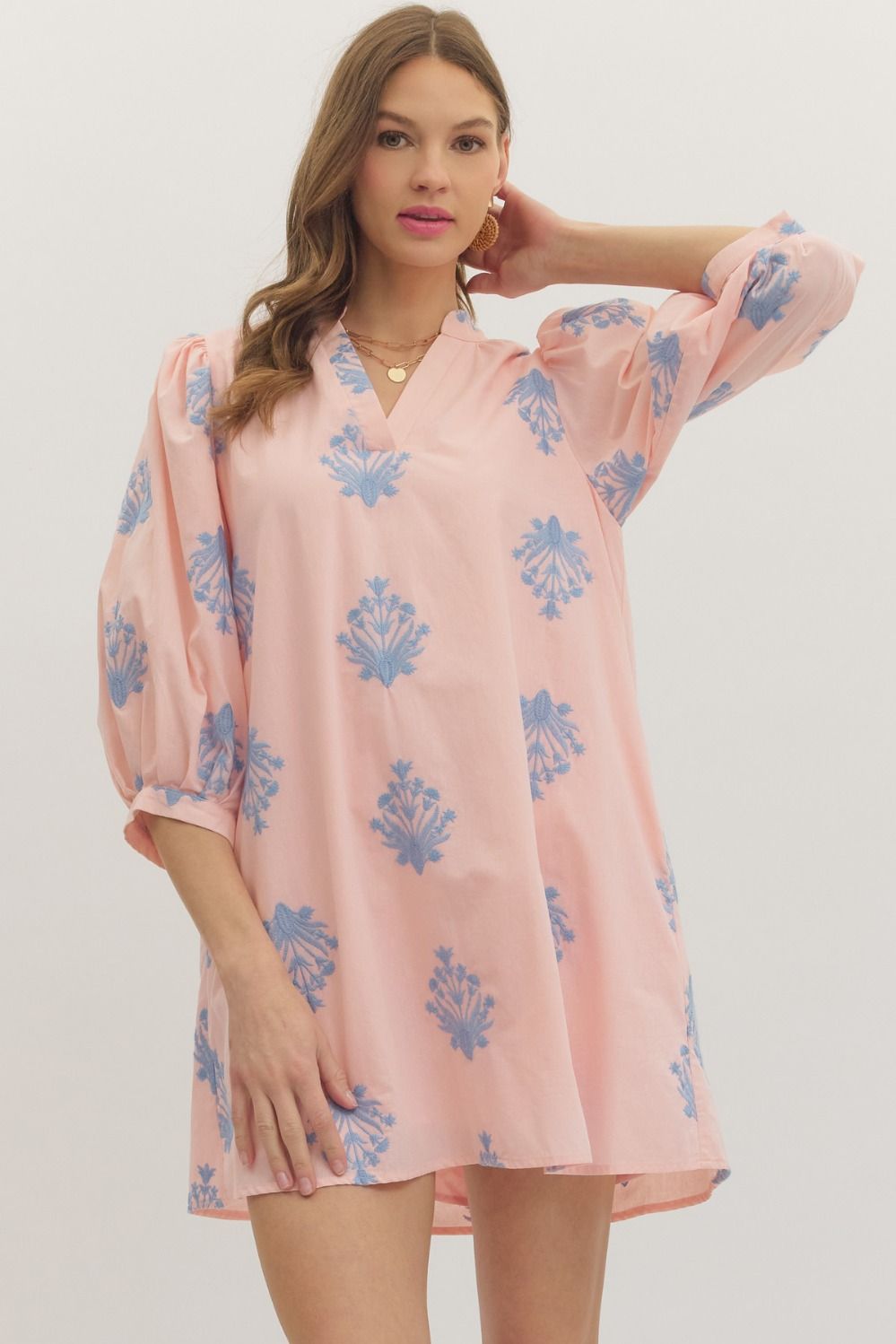 BLUSH EMBROIDERED 3/4 PUFF SLEEVE MINI DRESS
