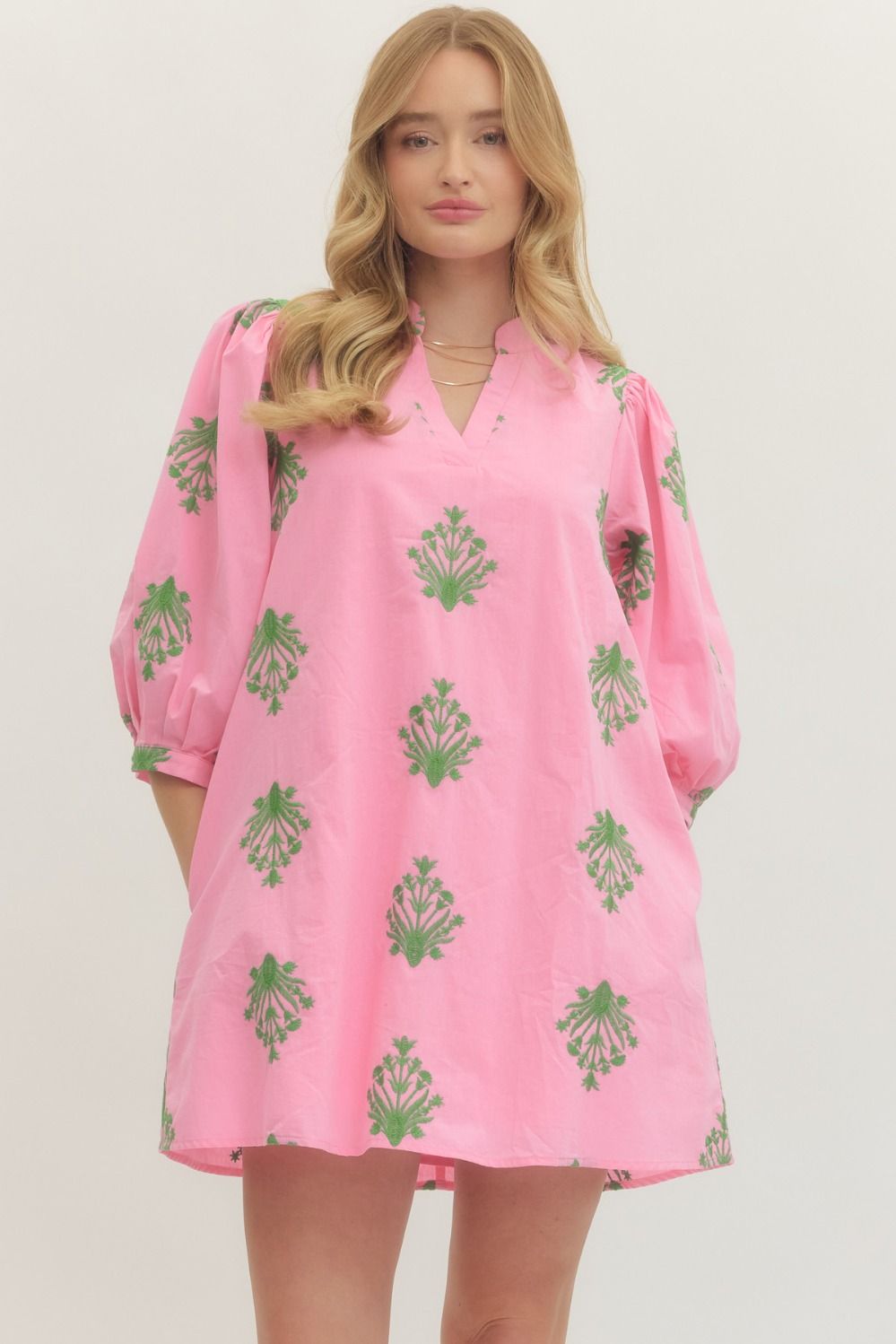 EMBROIDERED 3/4 PUFF SLEEVE MINI DRESS - PINK/GREEN - Pharm Favorites by Economy Pharmacy