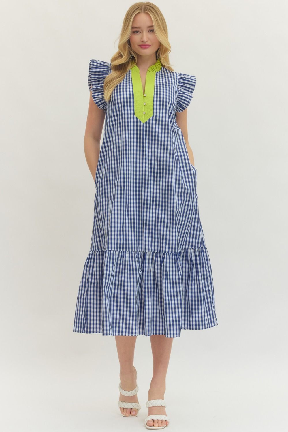 GINGHAM FLUTTER SLEEVE MIDI DRESS WITH V-NECK CONTRAST