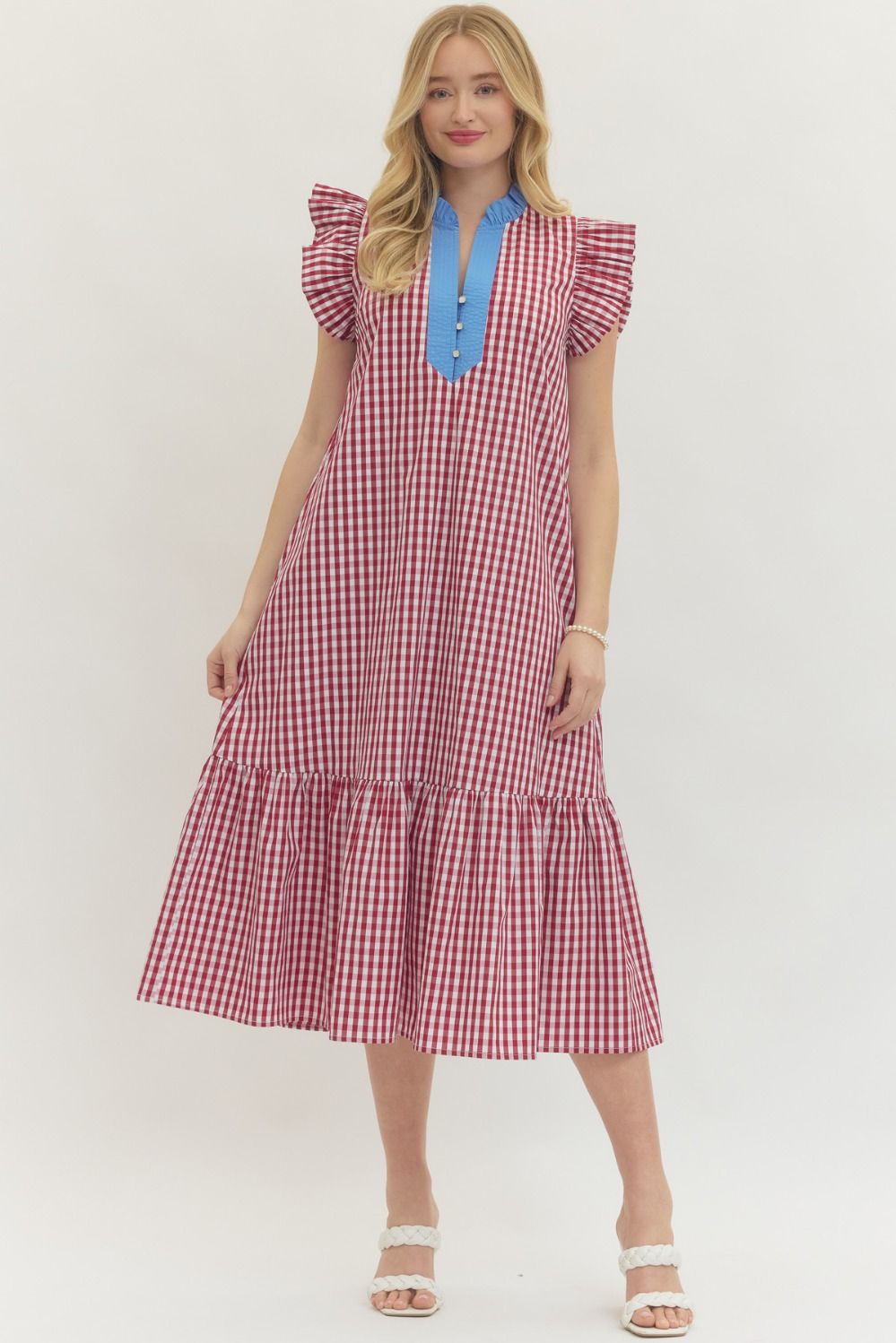 GINGHAM FLUTTER SLEEVE MIDI DRESS WITH V-NECK CONTRAST