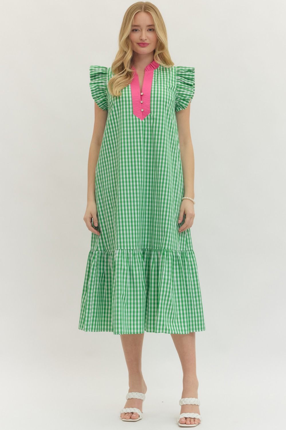 GINGHAM FLUTTER SLEEVE MIDI DRESS WITH V-NECK CONTRAST