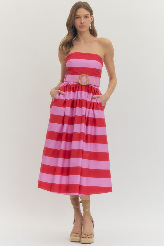 RED & PINK STRIPED STRAPLESS DRESS WITH BELT