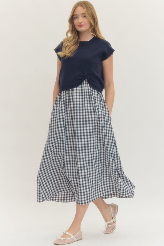 GINGHAM DRESS WITH NAVY KNIT TOP - 2 PC. SET