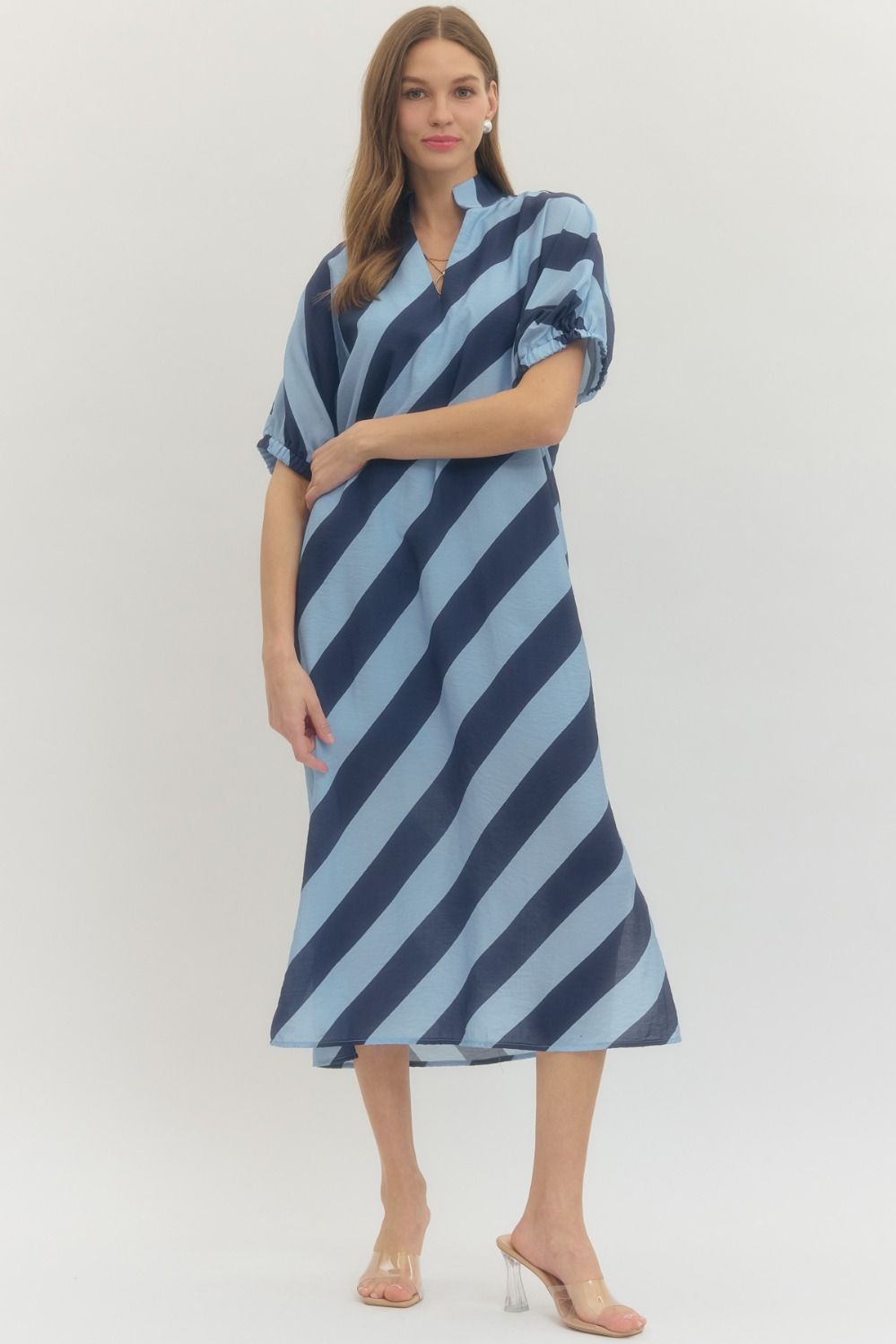 NAVY & BLUE DIAGONAL STRIPE MIDI DRESS - Pharm Favorites by Economy Pharmacy