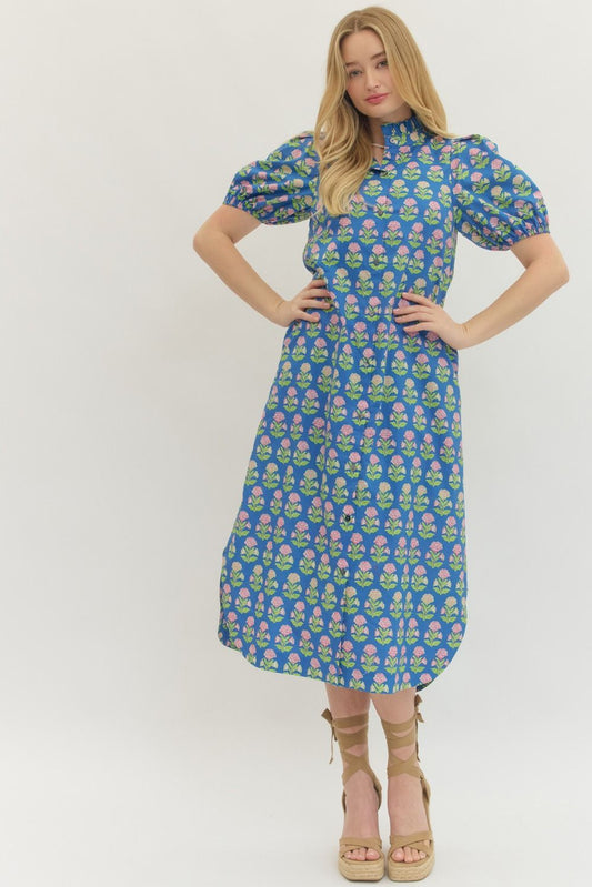 BLUE MIDI DRESS WITH PINK FLOWERS AND RUFFLED NECK