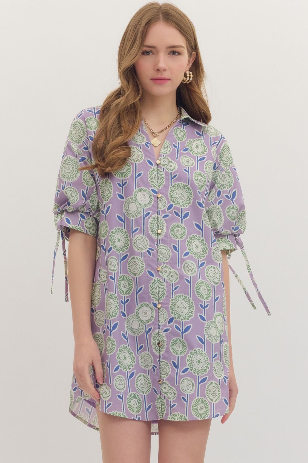 LAVENDER BOTANNICAL PRINT BUTTON DOWN MINI DRESS