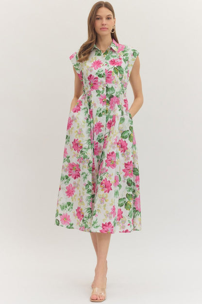 FLORAL CAP SLEEVE MIDI DRESS WITH PLEATED WAIST - CREAM