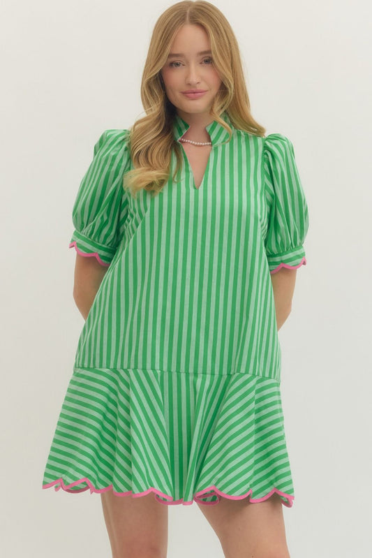 PUFF SHORT SLEEVE MINI DRESS GREEN STRIPED WITH PINK SCALLOP
