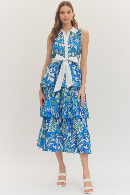 BOTANICAL PRINT SLEEVELESS TIERED MIDI DRESS - BLUE