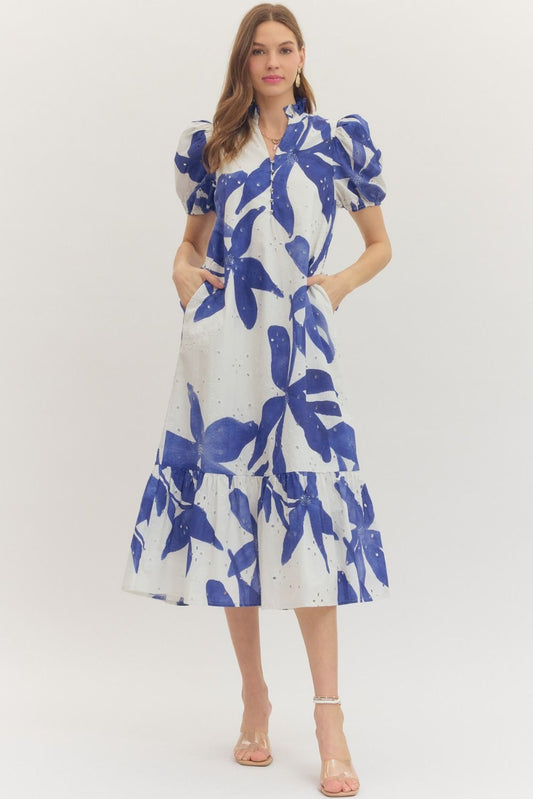 ROYAL BLUE & WHITE BOTANICAL PRINT MIDI DRESS