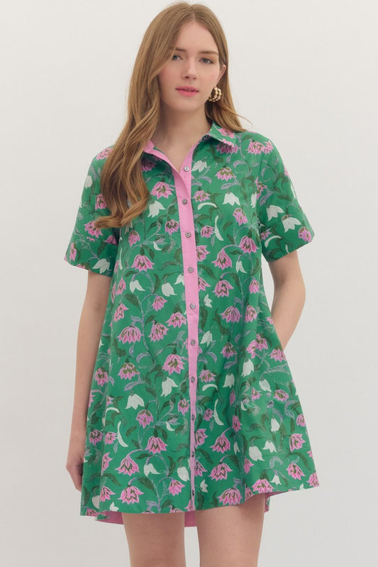 GREEN BUTTON DOWN MINI DRESS W/PURPLE CONTRAST PLACKET
