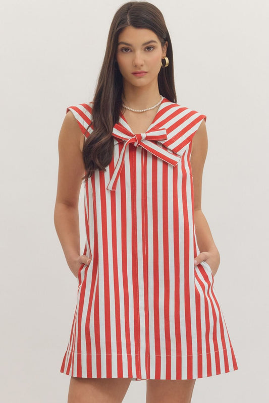 RED STRIPED SLEEVELESS SAILOR COLLAR MINI DRESS