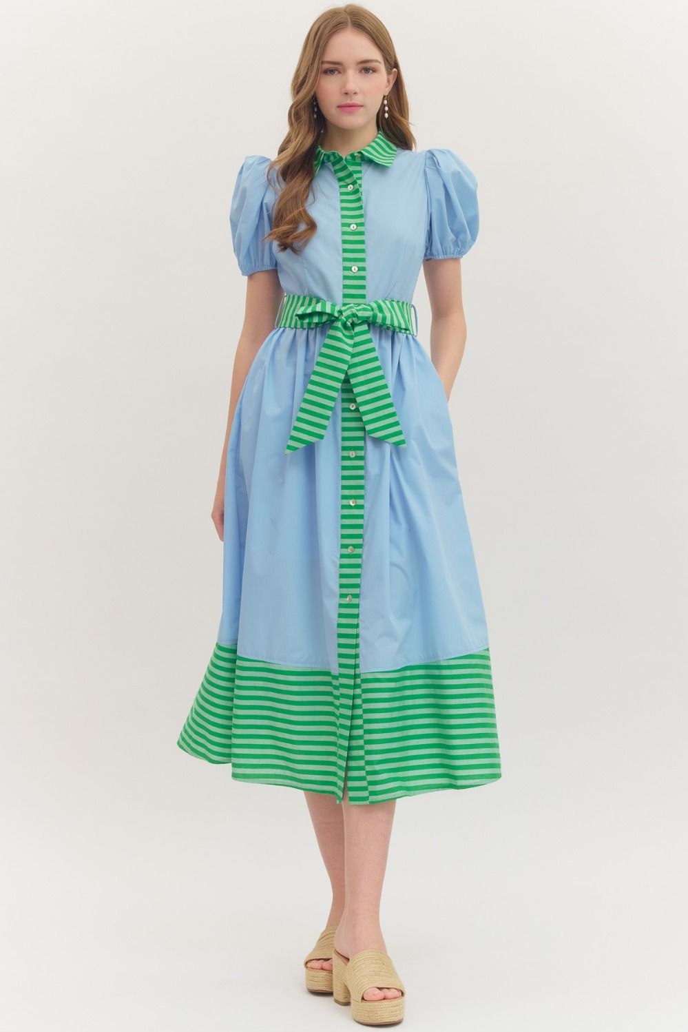 BLUE W/GREEN STRIPE CONTRAST TIE-WAIST MIDI DRESS