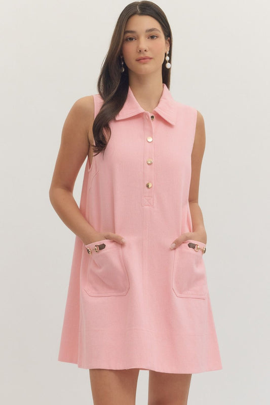 PINK COLLARED SLEEVELESS MINI DRESS WITH BUCKLE ACCENT