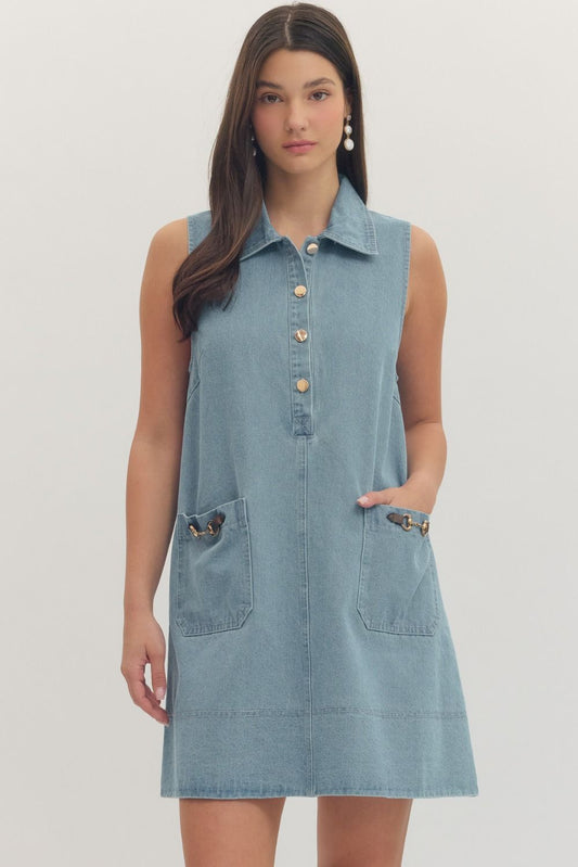 LIGHT BLUE COLLARED SLEEVELESS MINI DRESS WITH BUCKLE ACCENT
