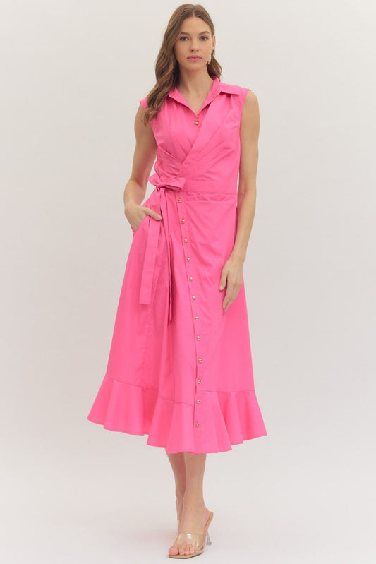 HOT PINK SLEEVELESS WRAP-FRONT MIDI DRESS