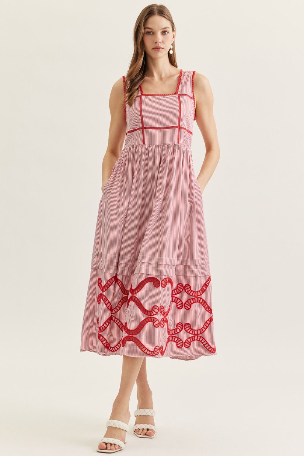 RED STRIPED SQUARE NECK EMBROIDERED MIDI DRESS