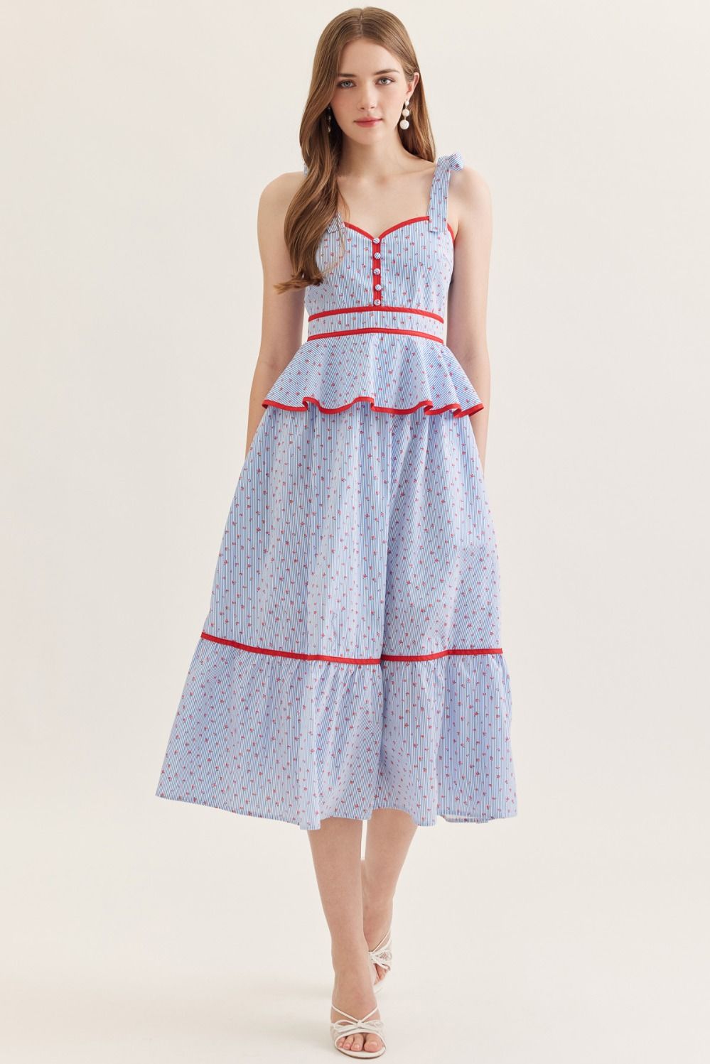 STRIPED SLEEVLESS MIDI DRESS WITH PEPLUM WAIST - BLUE WITH RED ACCENT