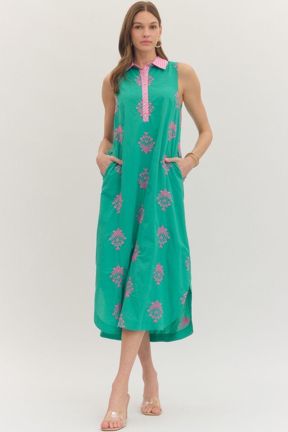 MINT SLEEVELESS MIDI DRESS WITH PINK CONTRAST AND EMBROIDERY
