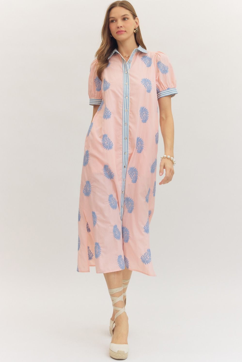 BLUSH SHORT PUFF SLEEVE MIDI DRESS WITH LIGHT BLUE CONTRAST DETAIL