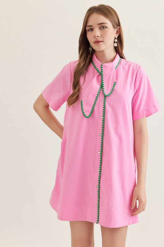 PINK SHORT SLEEVE MINI DRESS WITH SCALLOP ACCENT TRIM AND NECK TIE
