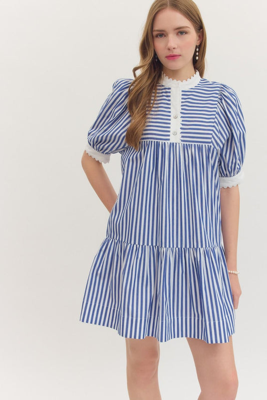 STRIPED SHORT PUFF SLEEVE MINI DRESS WITH SCALLOPED COLLAR - NAVY BLUE