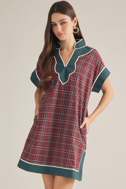 RED PLAID MINI DRESS WITH CONTRAST ACCENT V-NECK