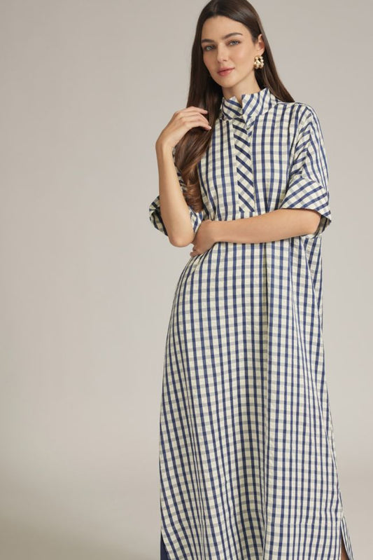 GINGHAM SHORT SLEEVE MIDI DRESS - NAVY