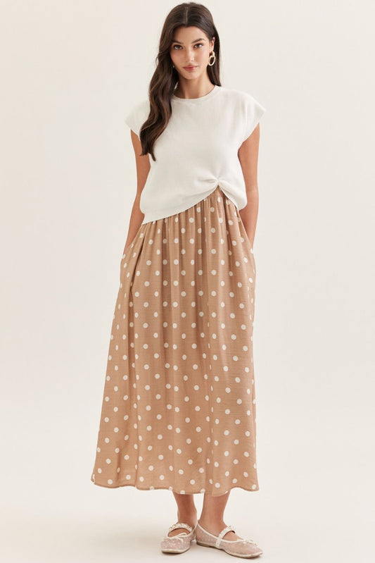 CREAM & TAN LAYERED POLKA DOT MIDI DRESS