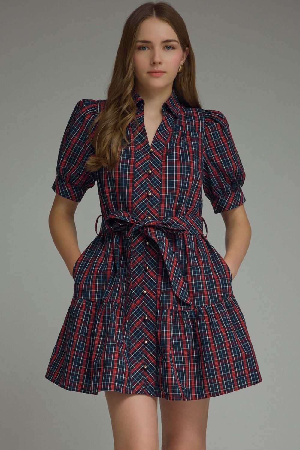 NAVY PLAID SHORT PUFF SLEEVE MINI DRESS WITH TIE BELT