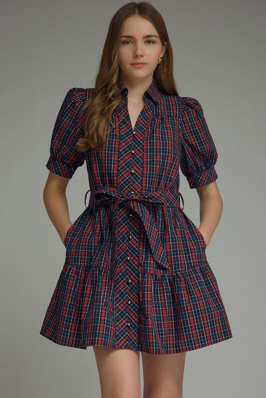 NAVY PLAID SHORT PUFF SLEEVE MINI DRESS WITH TIE BELT