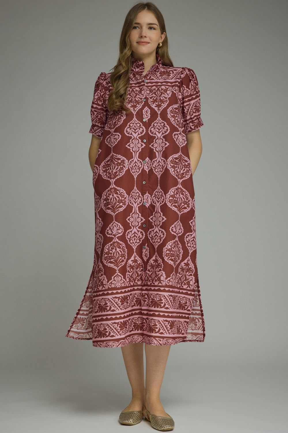 BURGUNDY ORNAMENTAL SHORT PUFF SLEEVE MIDI DRESS