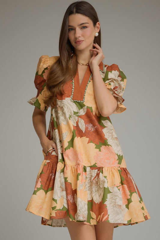 OLIVE FLORAL PUFF SLEEVE MINI DRESS WITH RUST ACCENT