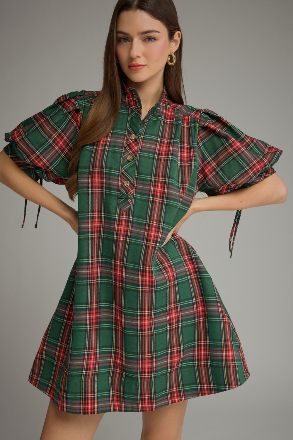 GREEN PLAID SHORT PUFF SLEEVE MINI DRESS