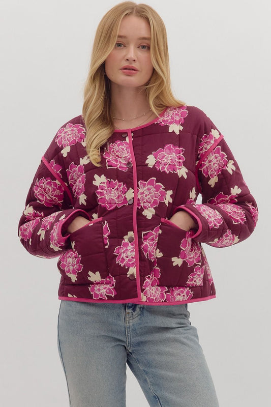 FLORAL QUILTED JACKET - WINE AND PINK