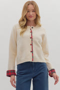 CREAM CARDIGAN W/RED PLAID TRIM & BUTTONS
