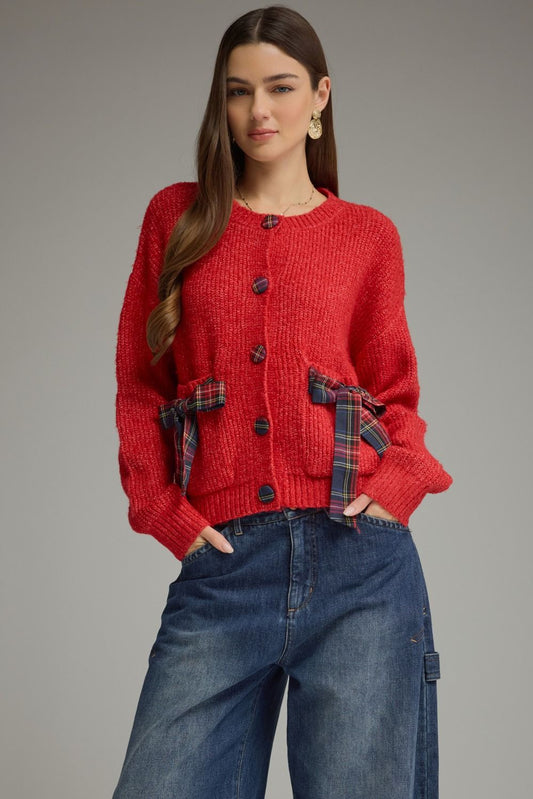 KNIT JACKET WITH PLAID COVERED BUTTONS AND RIBBON TIE POCKETS