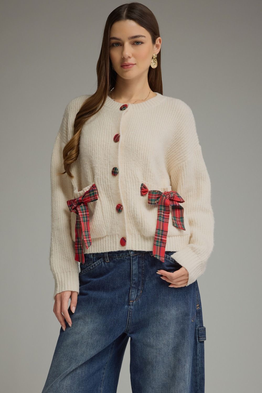 KNIT JACKET WITH PLAID COVERED BUTTONS AND RIBBON TIE POCKETS