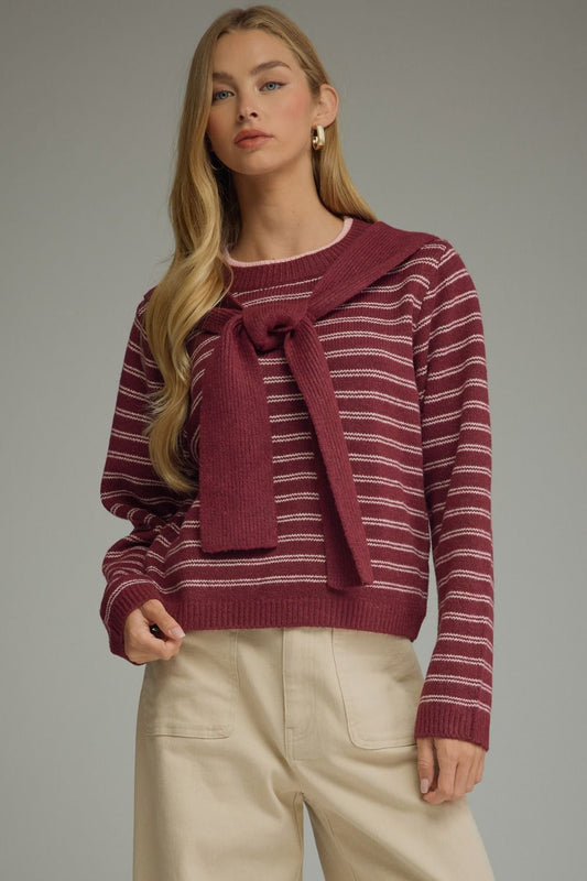 LONG SLEEVE STRIPED SWEATER WITH ATTACED SCARF - BERRY