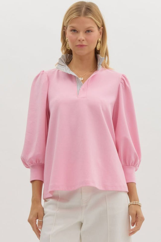 PINK BALLOON SLEEVE BLOUSE W/CONTRAST STRIPE RUFFLE NECK