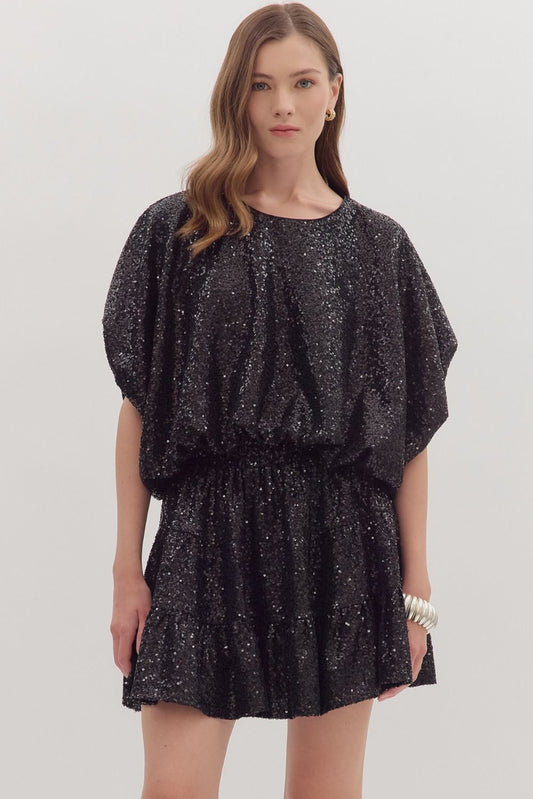 SEQUIN TOP AND BUBBLE SHORTS  2 PC SET - BLACK