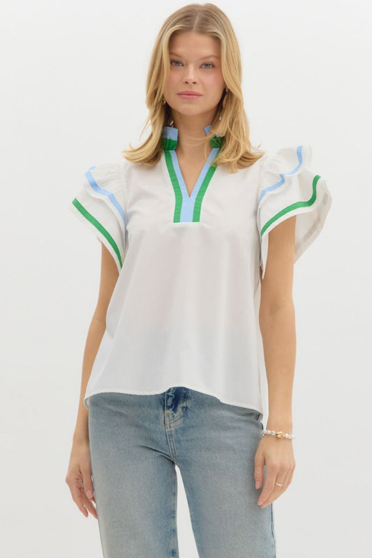 WHITE FLUTTER SLEEVE BLOUSE WITH GREEN & BLUE CONTRAST TRIM