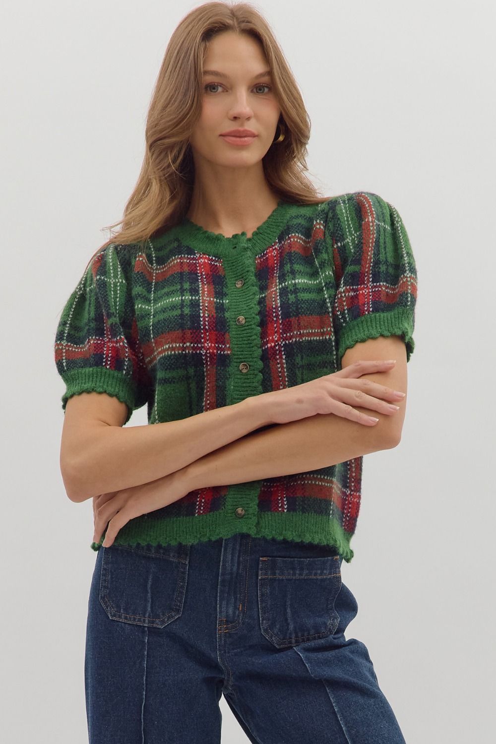 Short Sleeve Green Plaid Sweater with Gold Buttons